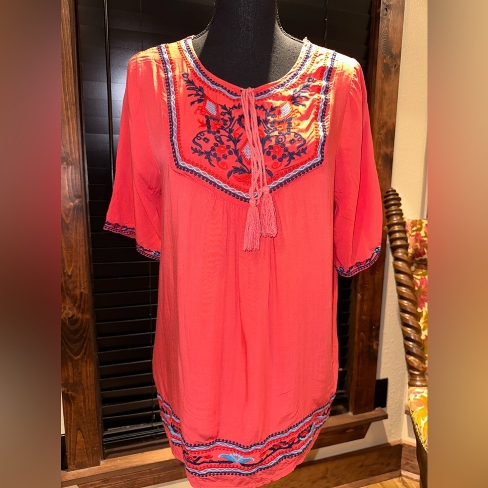 Universal Fashion Embroidered Tassel Peasant Shirt Coral Size S